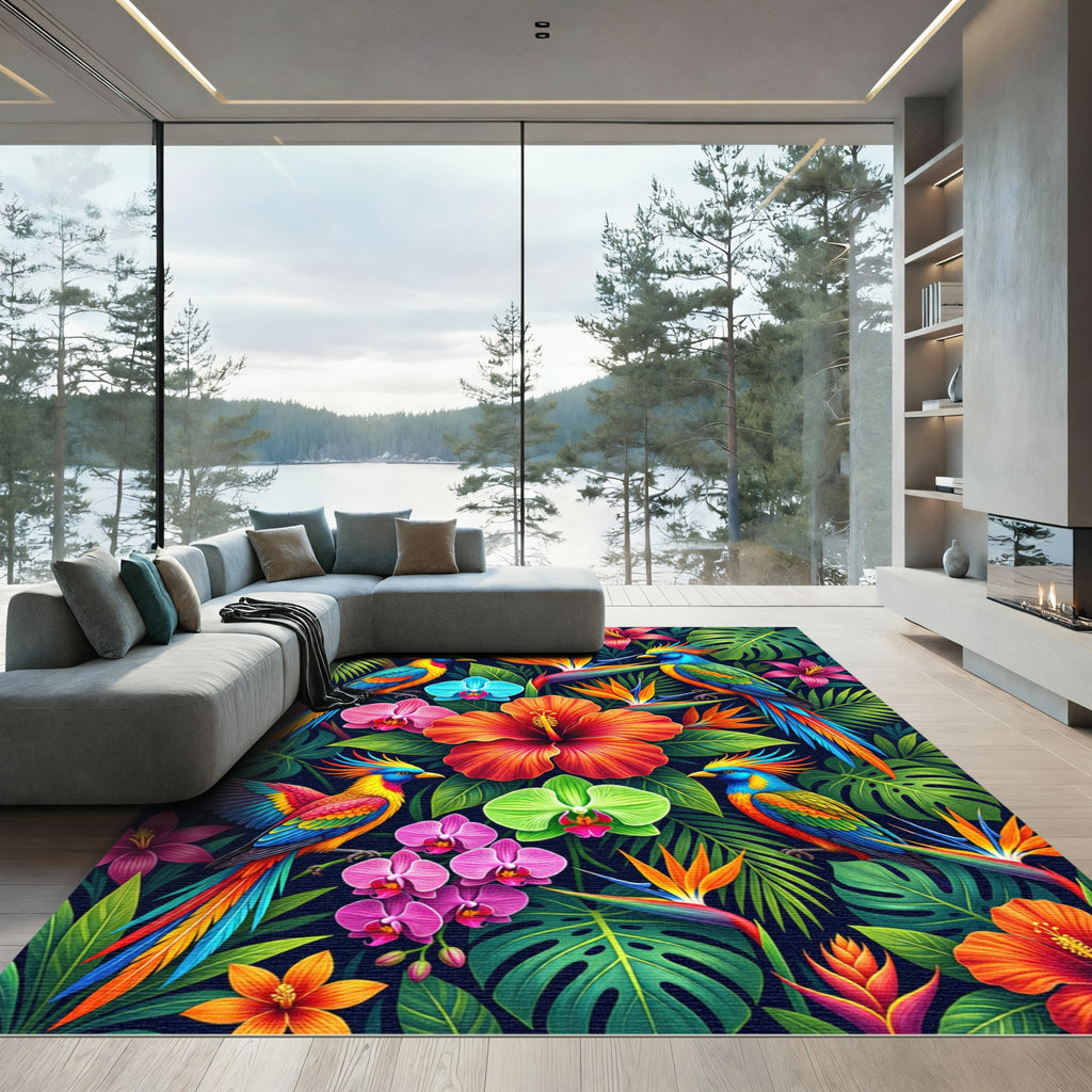 Vibrant Tropical Bird and Orchid Jungle Rug