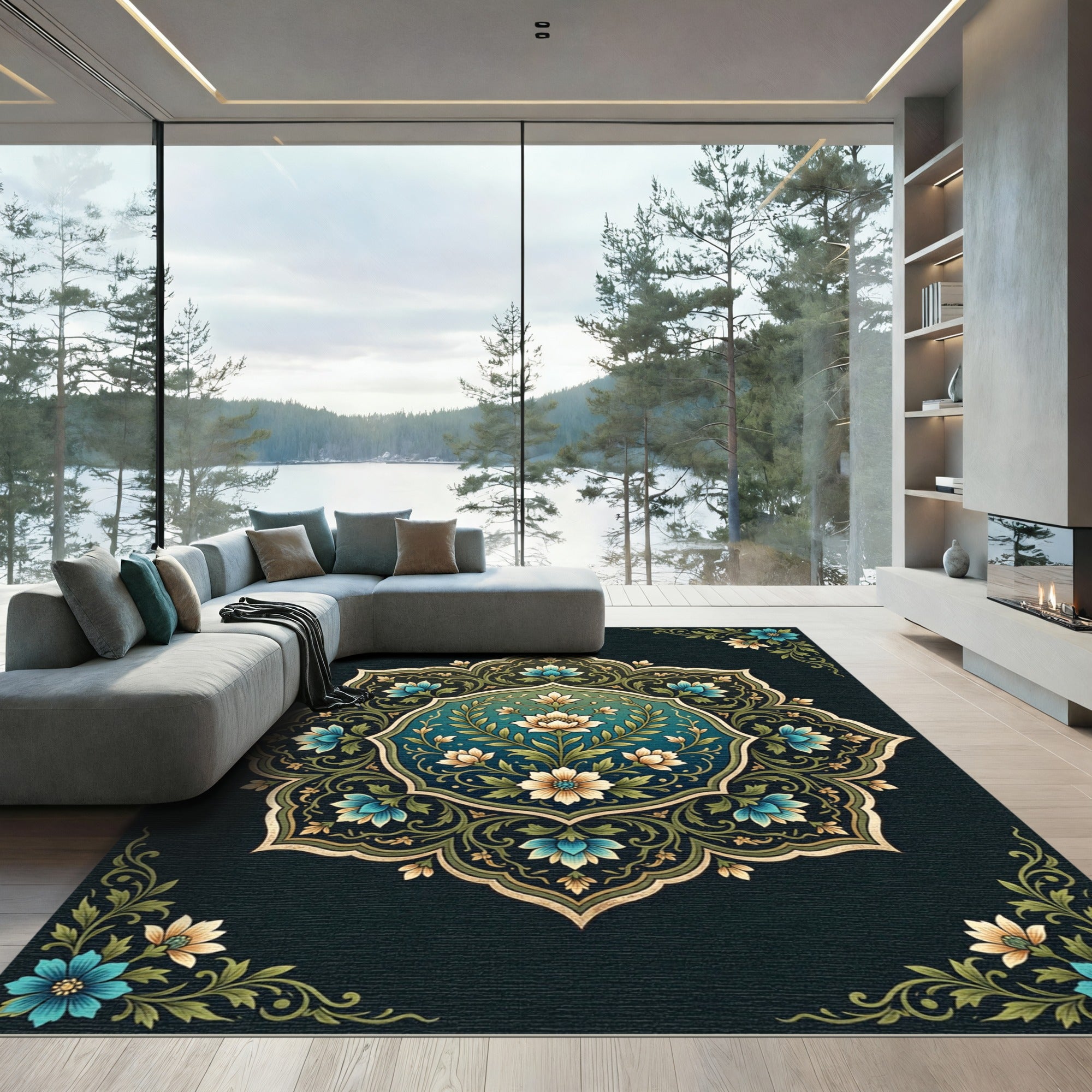 Blue Floral Medallion with Cream Accents Rug