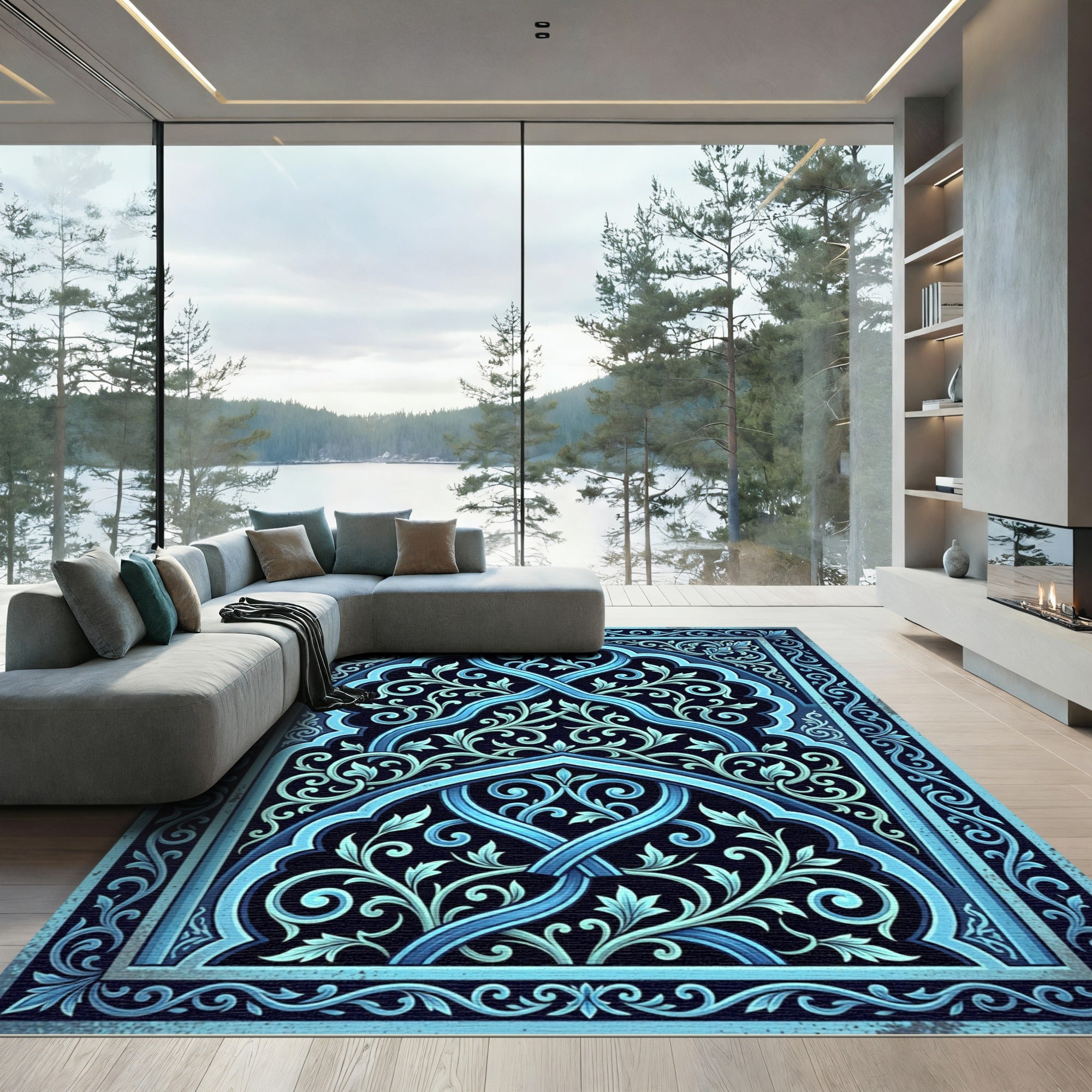 Elegant Teal Floral Archway Composition Rug