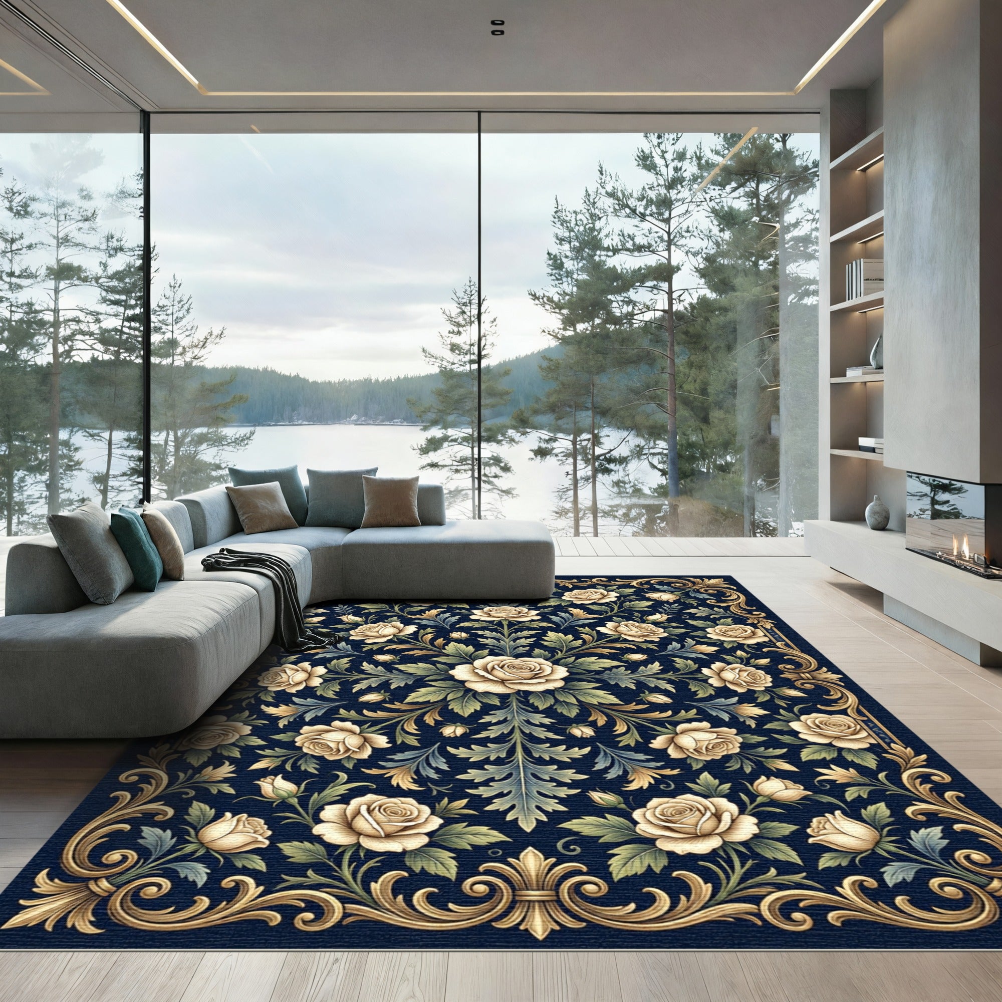 Elegant Cream Rose Gold Floral Tapestry Rug