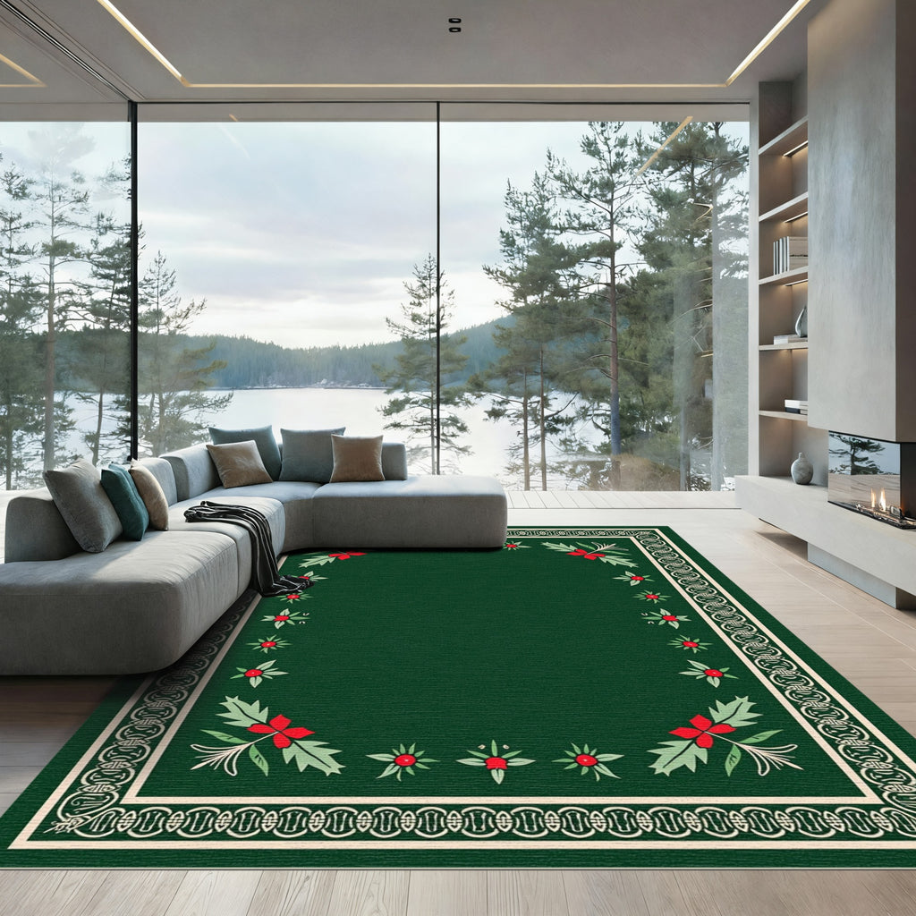 Emerald Green Holly Berry Border Rug