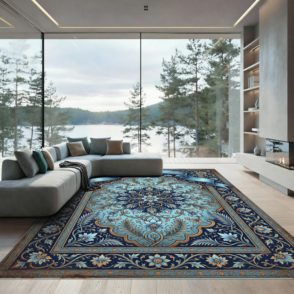 Ornate Azure Floral Medallion Scroll Rug