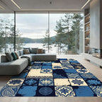 Blue Cream Paisley Lotus Tile Collage Rug