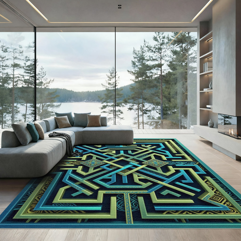 Geometric Teal and Lime Labyrinth Rug