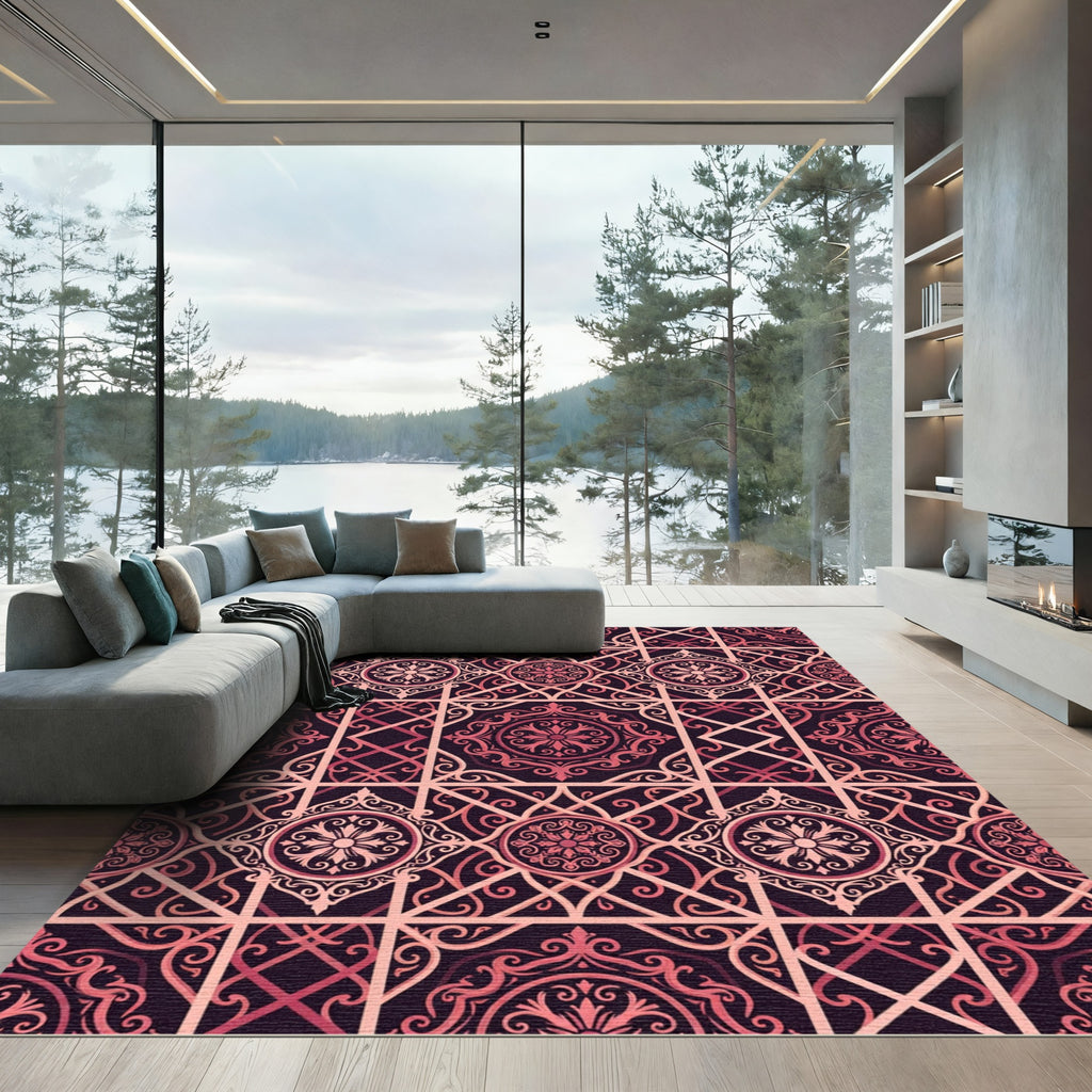 Ornate Crimson Floral Lattice Rug