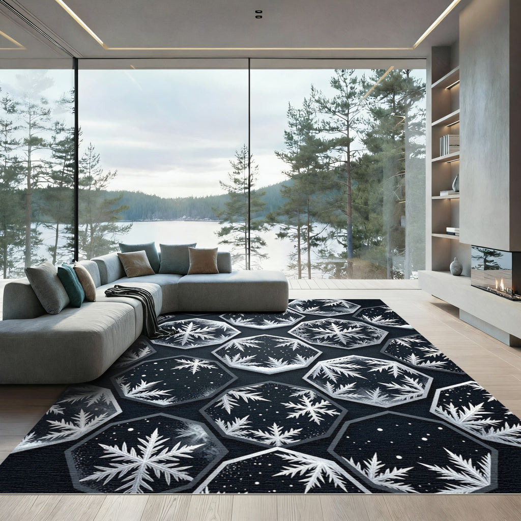Elegant Midnight Hexagon Snowflake Mosaic Rug