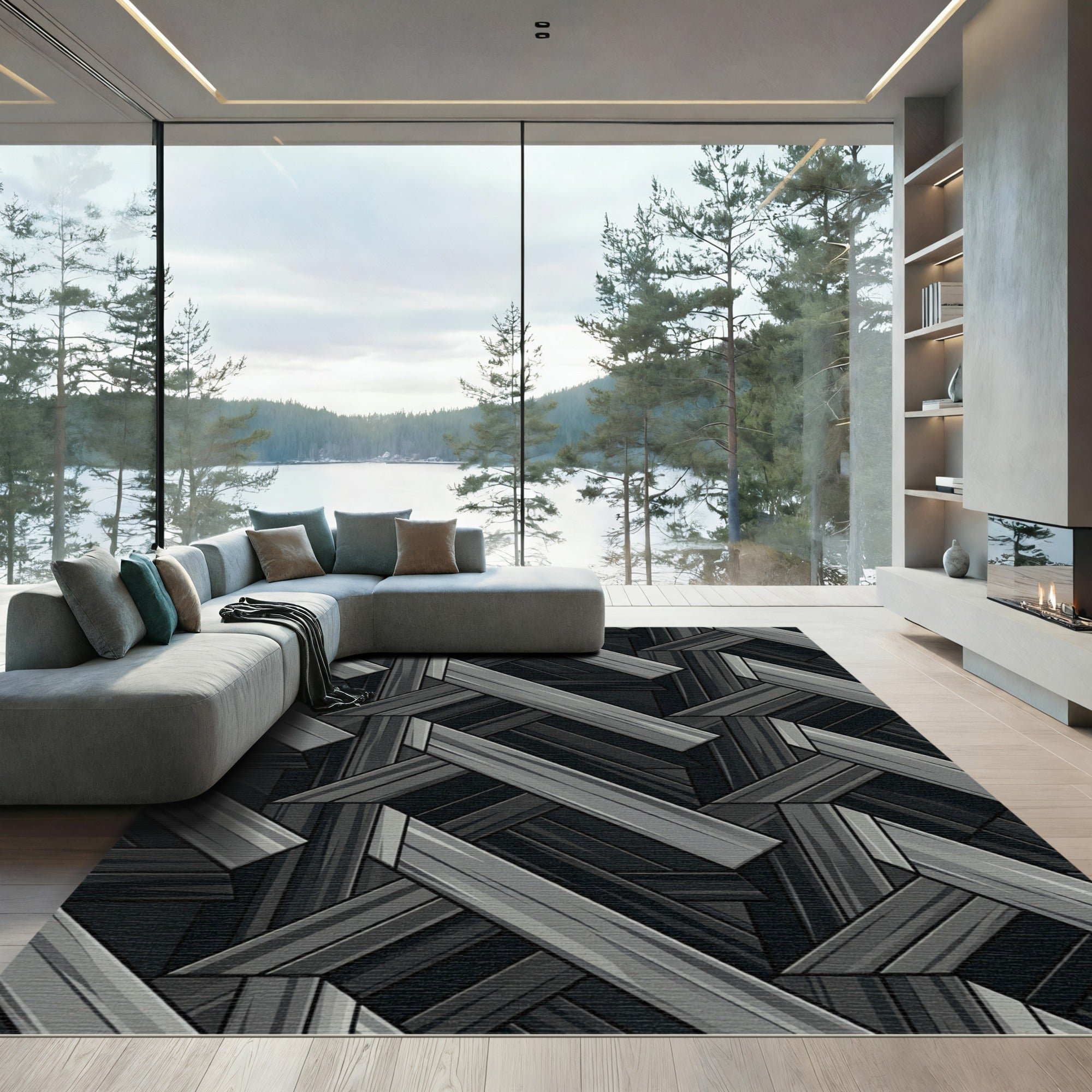 Dark Gray Wood Plank Interlock Rug