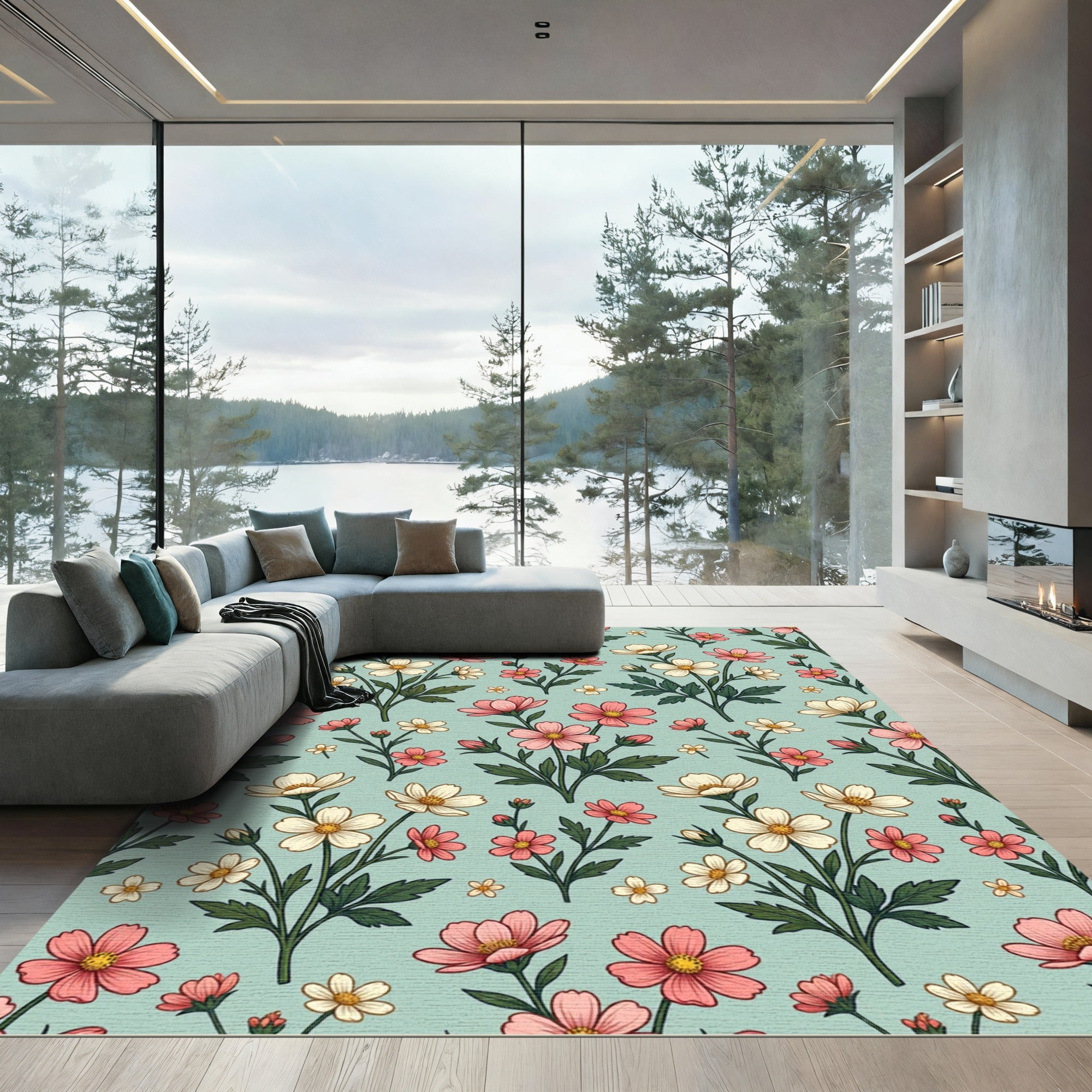 Whimsical Pink White Floral Garden Rug