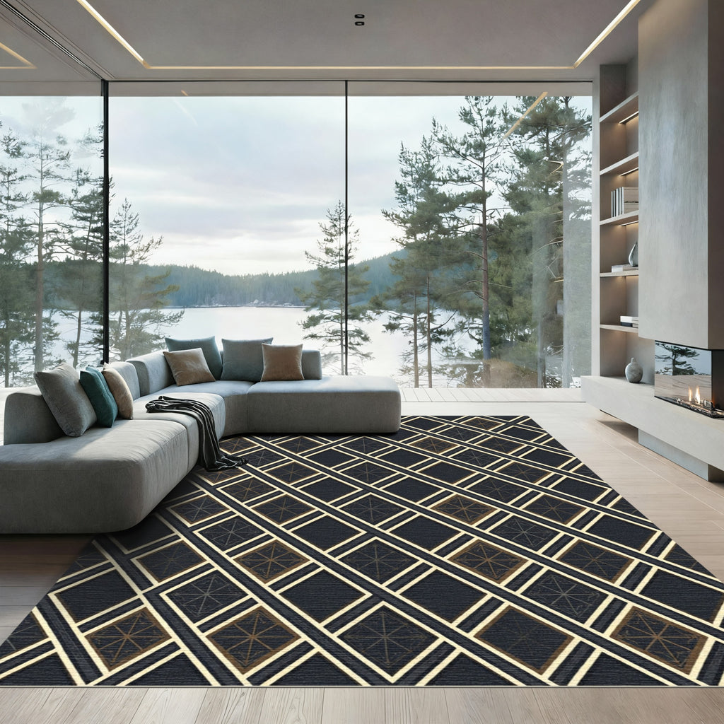 Sophisticated Gold and Charcoal Geometric Lattice Rug