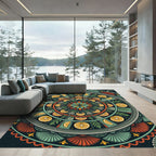 Citrus Medallion Green Red Yellow Folk Art Rug