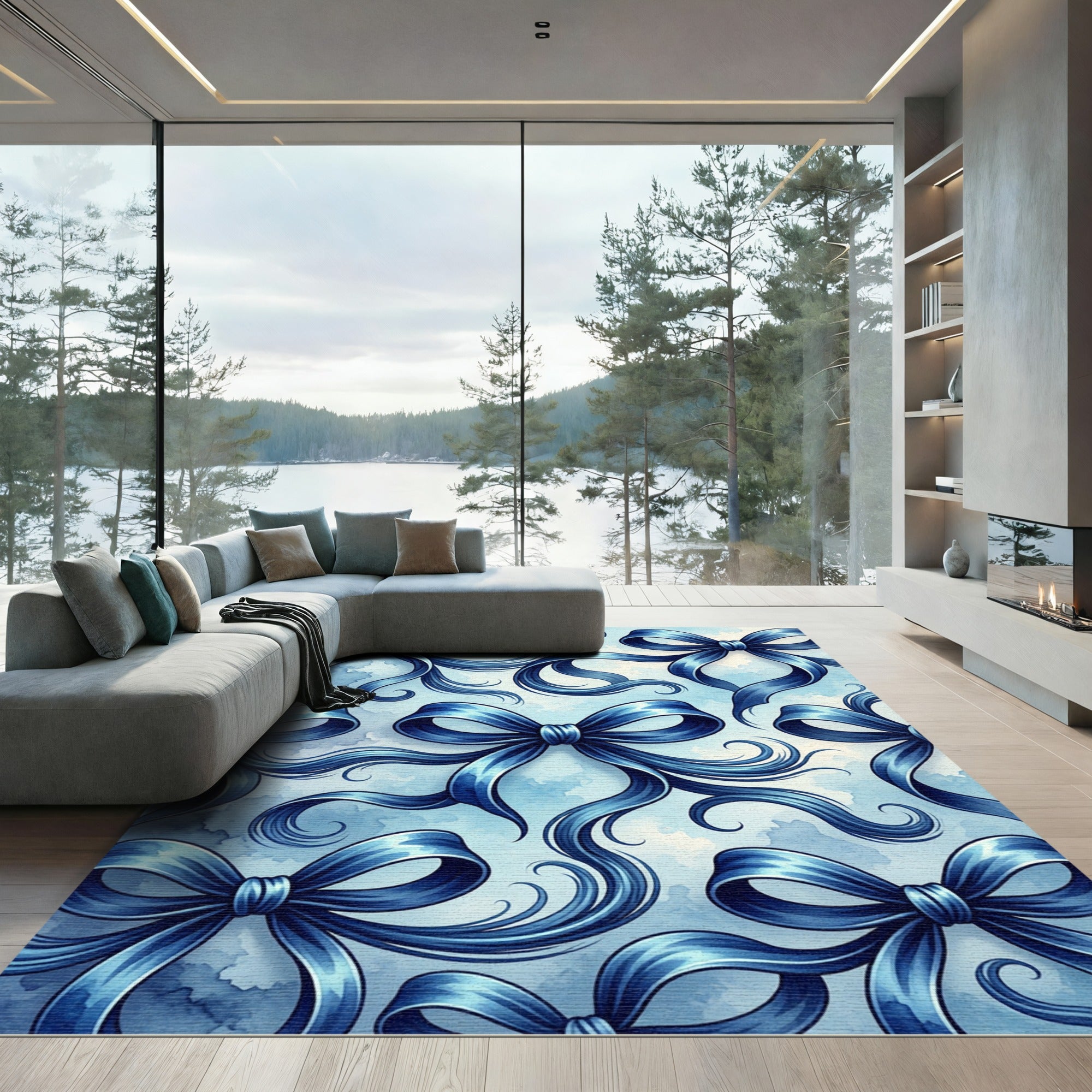 Elegant Navy Blue Silk Ribbon Bows Rug