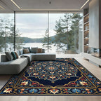 Royal Blue Golden Floral Mandala Rug