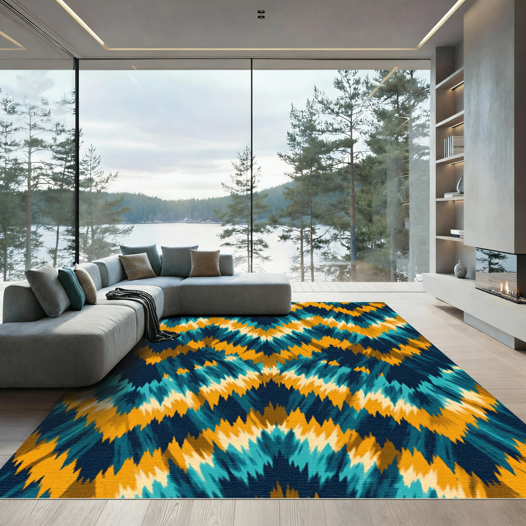 Teal Ochre Blue Jagged Chevron Rug