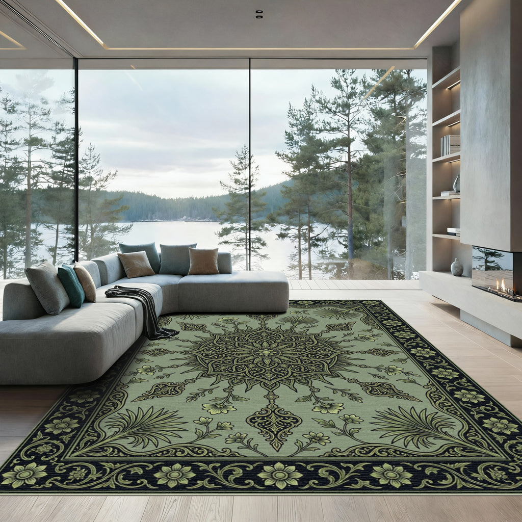 Sage Green Floral Medallion Border Rug