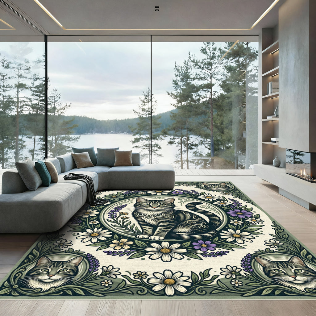 Botanical Tabby Cat Sage Floral Circular Rug