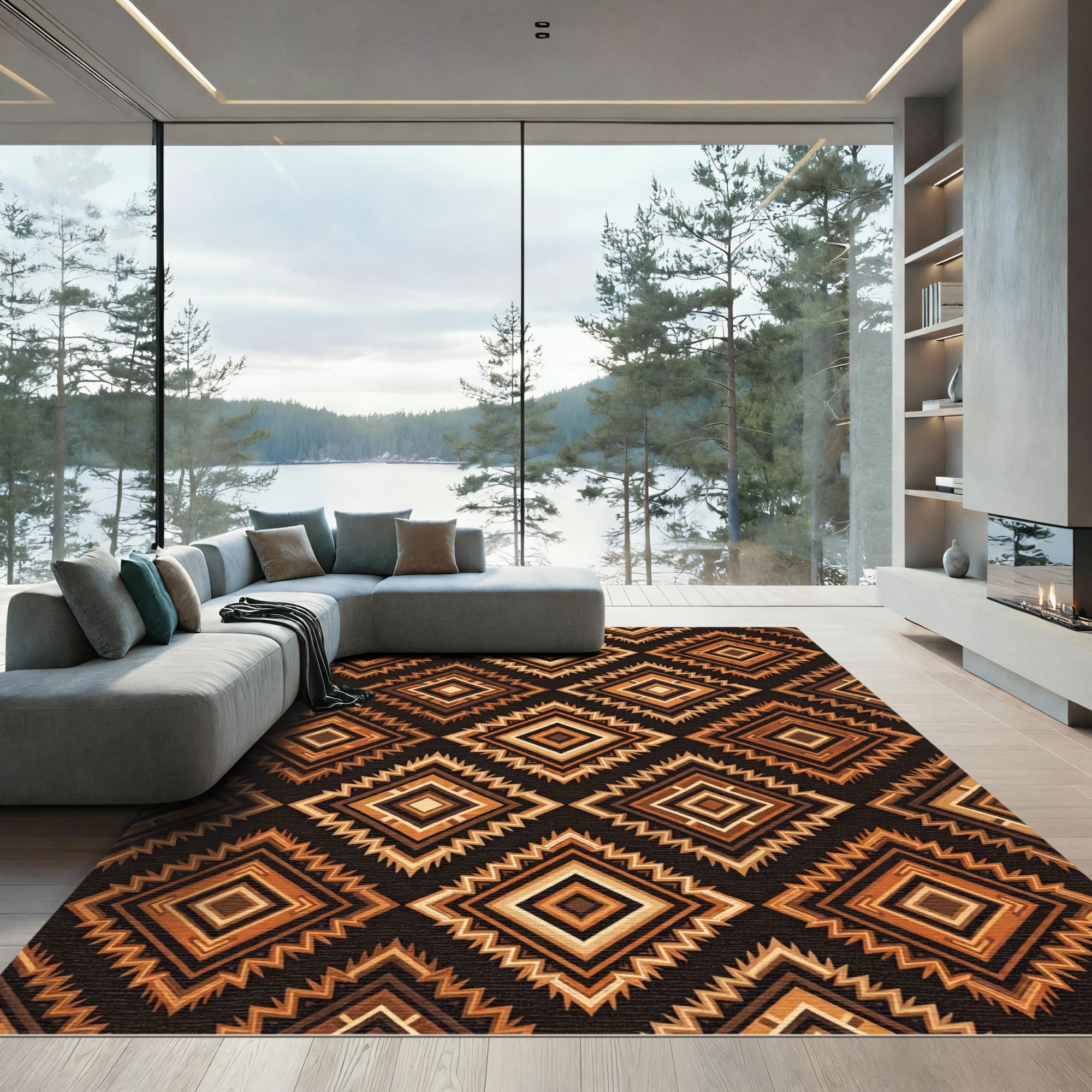 Earthy Brown Zigzag Geometric Diamond Rug