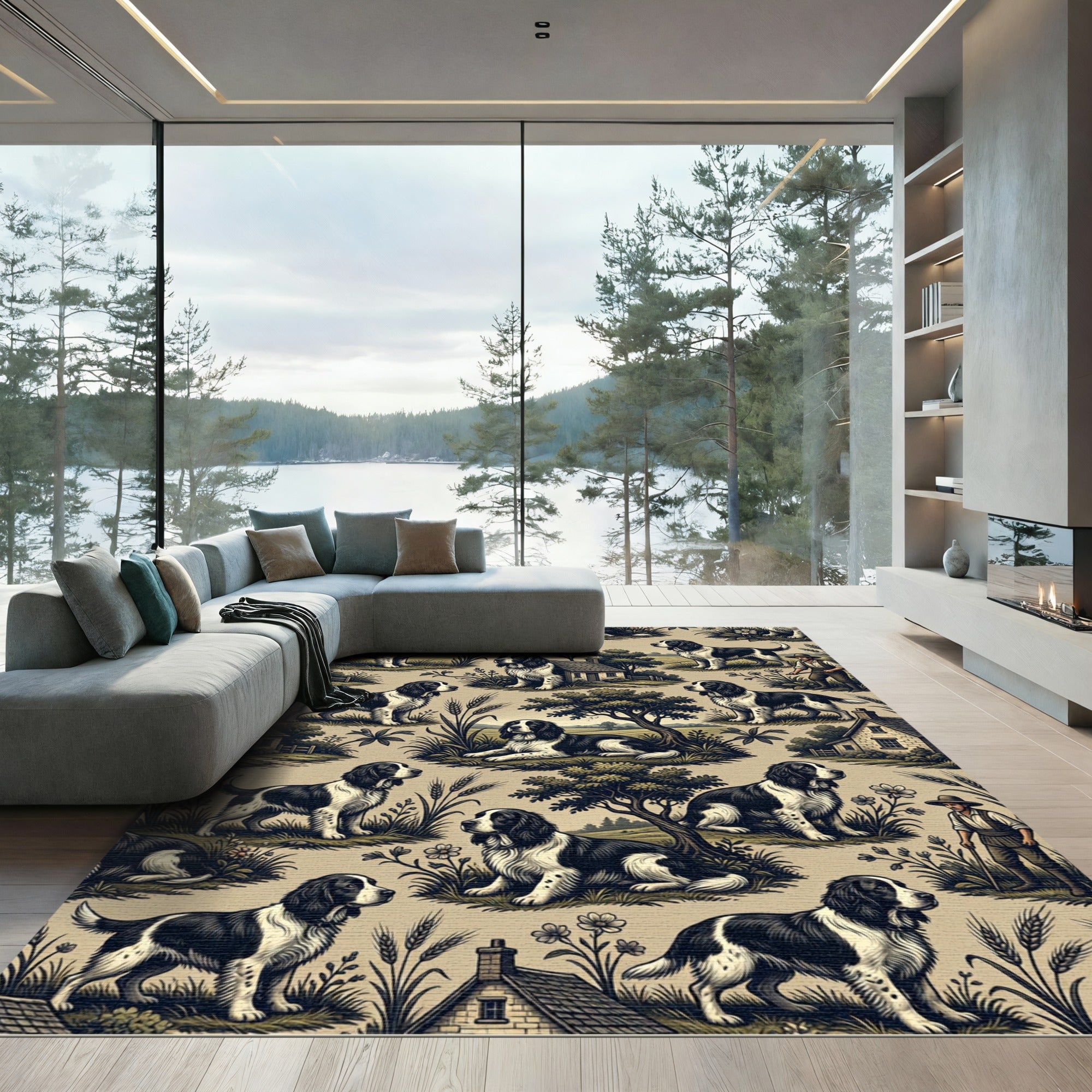 Black and White Spaniel Countryside Toile Rug