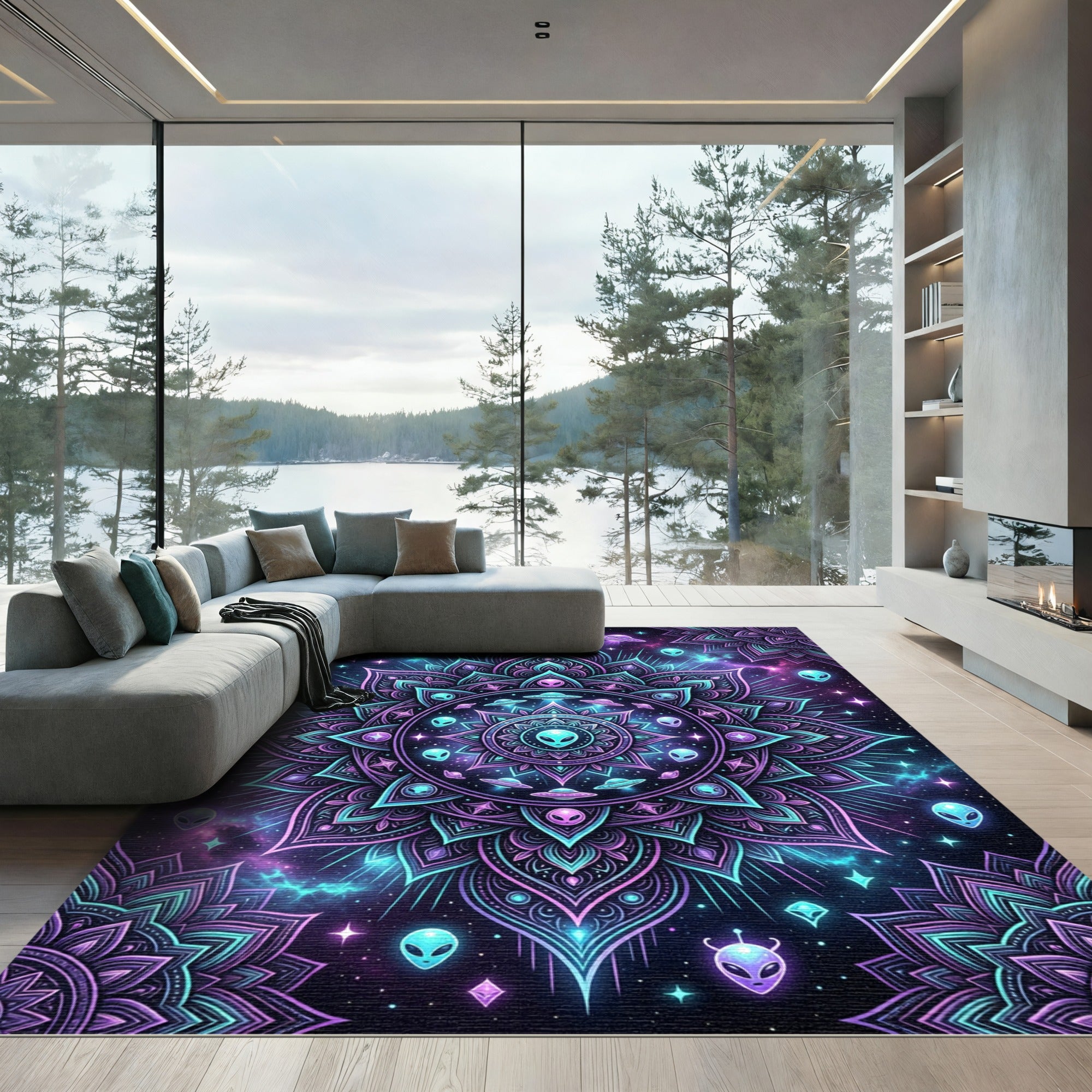 Neon Galactic Alien Mandala Medallion Rug