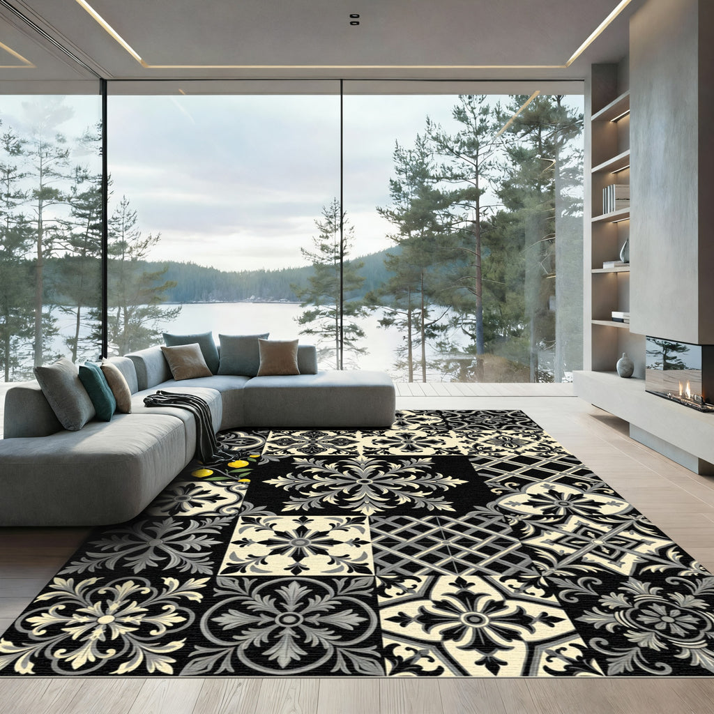 Black Gray Cream Medallion Tile Collage Rug