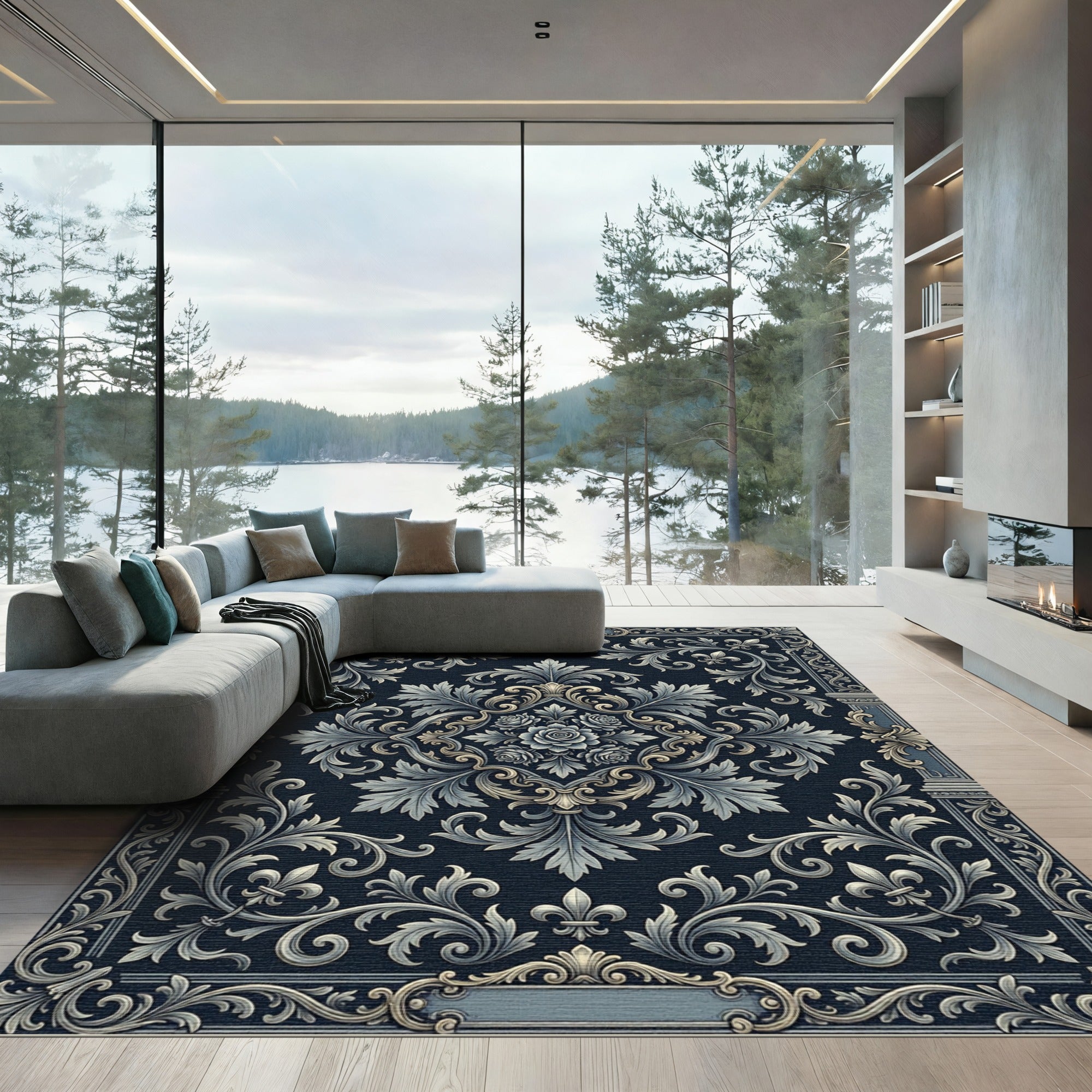 Navy Blue Floral Scroll Baroque Rug