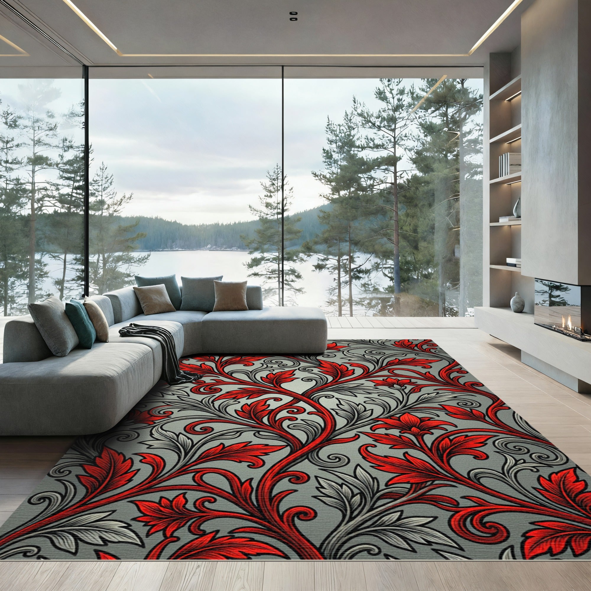 Crimson Red Floral Vine Scroll Rug