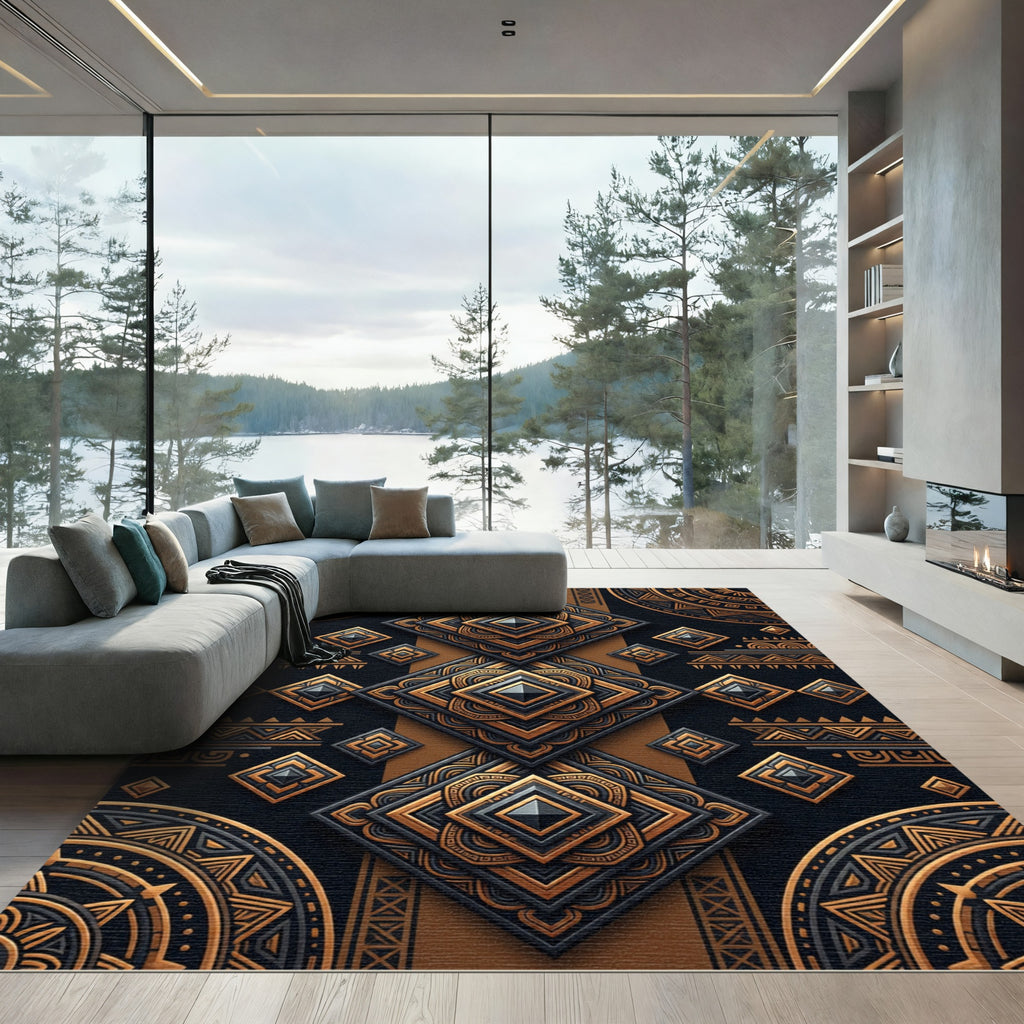 Elegant Black and Gold Geometric Medallion Rug