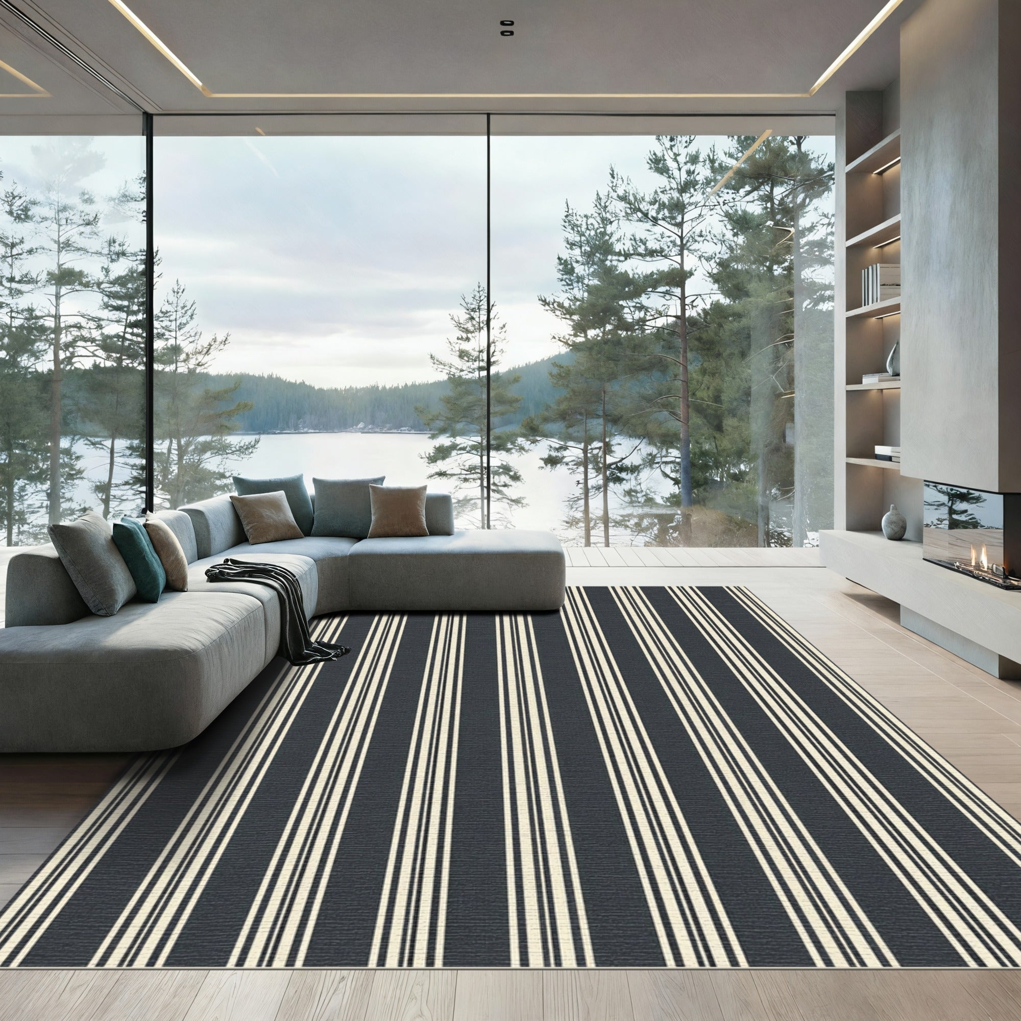 Modern Charcoal and Cream Vertical Striped Rug