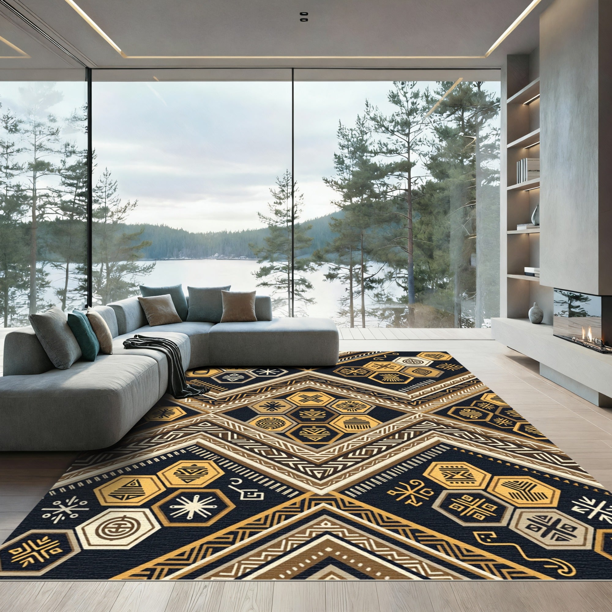 Tribal Gold Geometric Hexagon Zigzag Rug