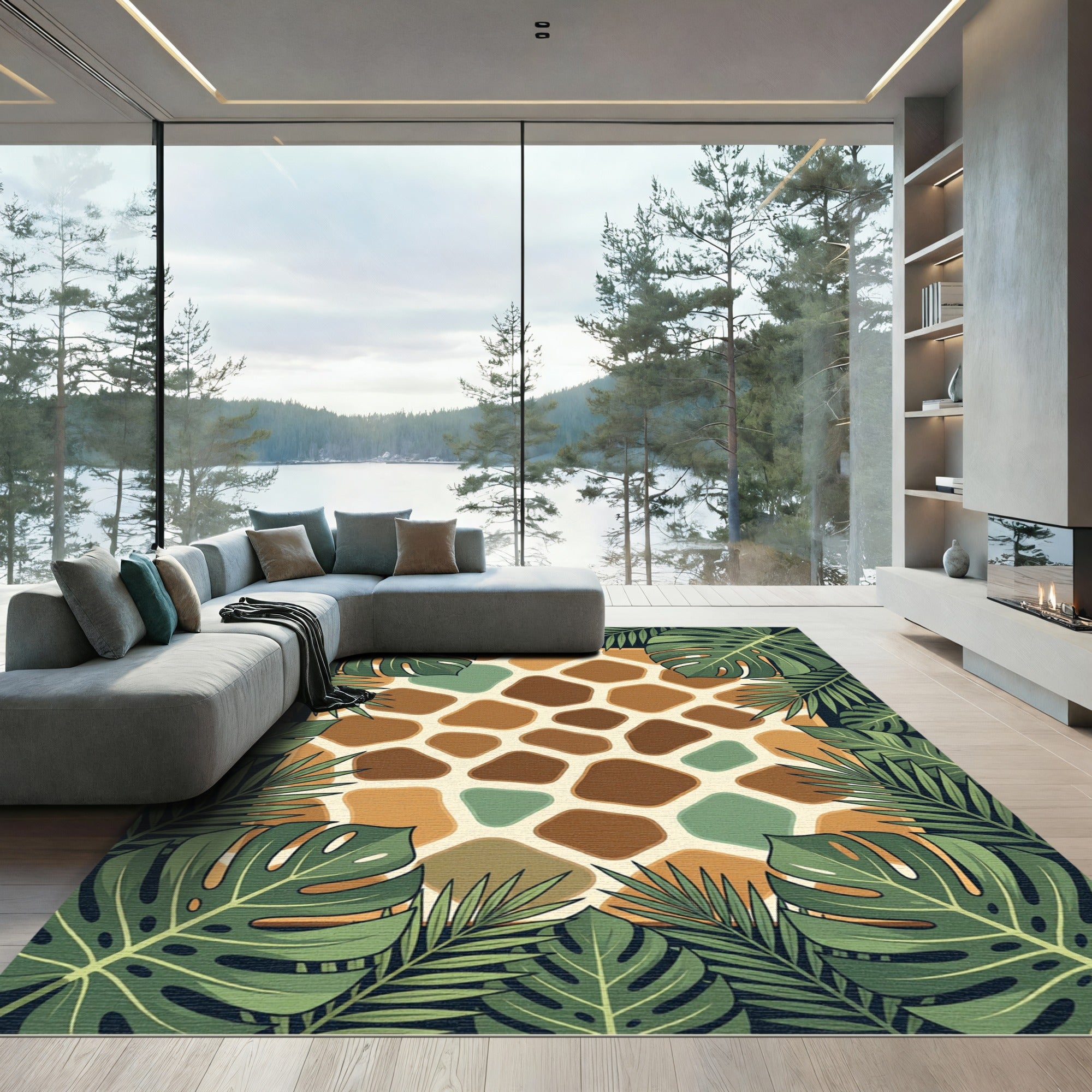 Tropical Giraffe Hide with Lush Fern Border Rug