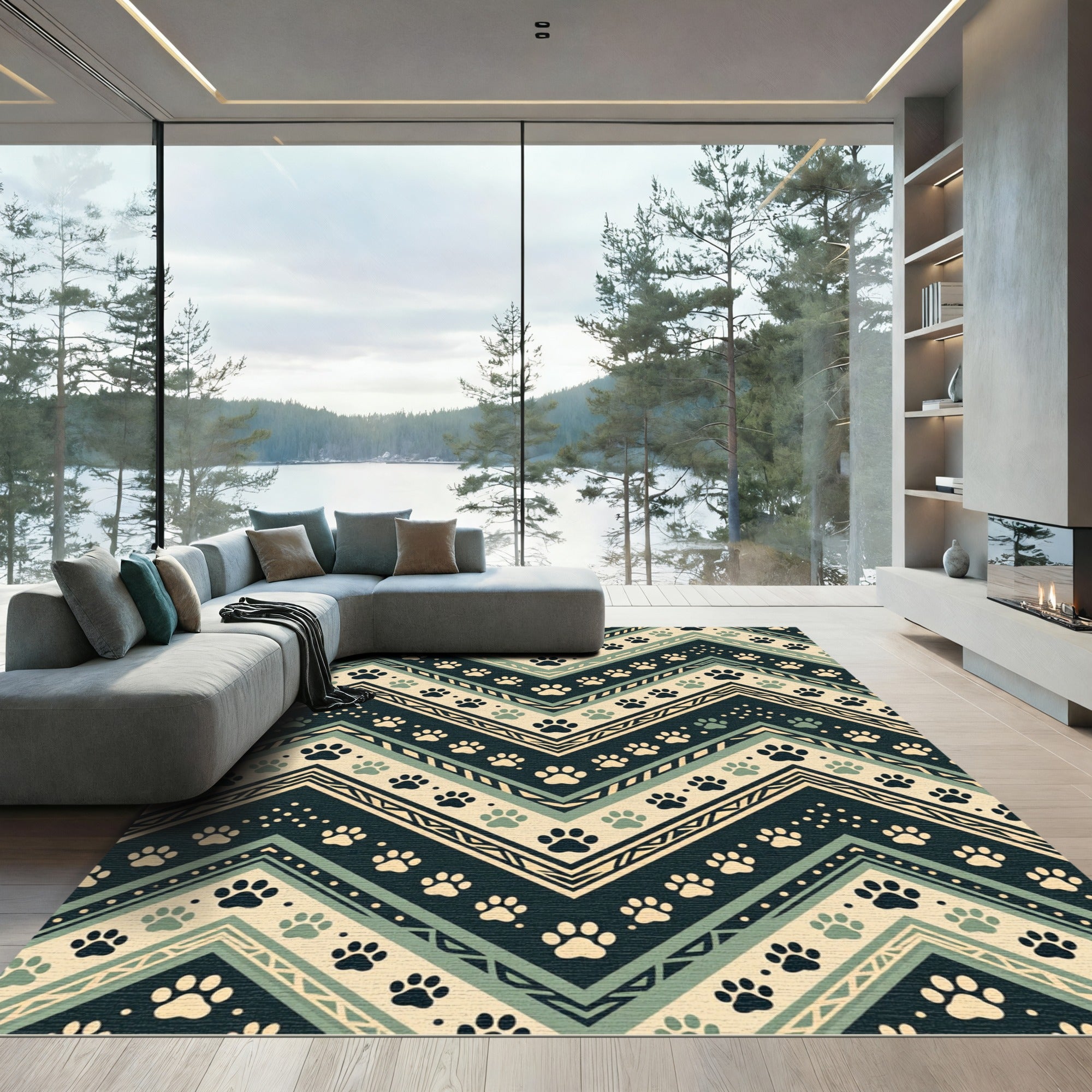 Earthy Chevron Paw Print Geometric Rug