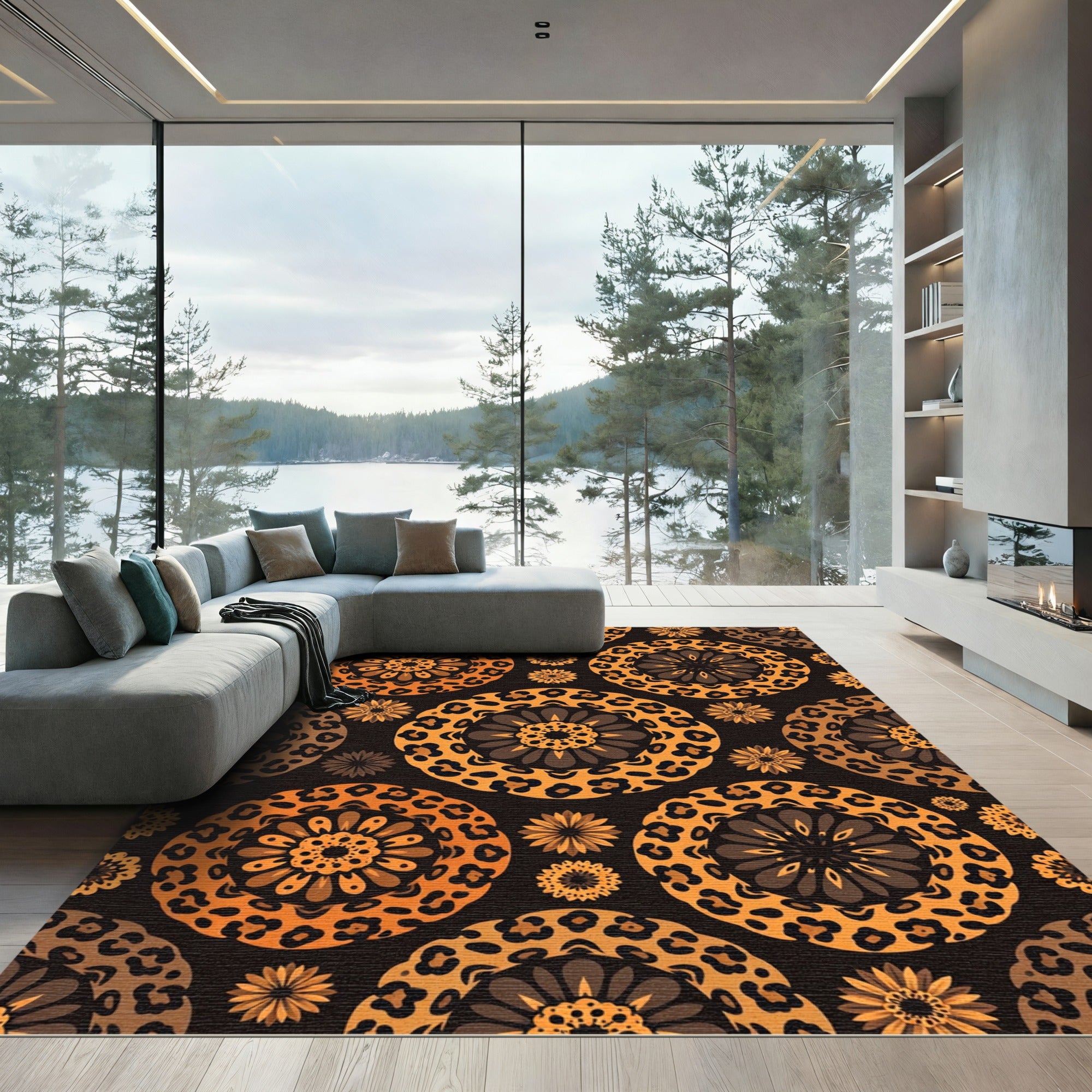 Bold Orange Leopard Floral Mandalas Rug