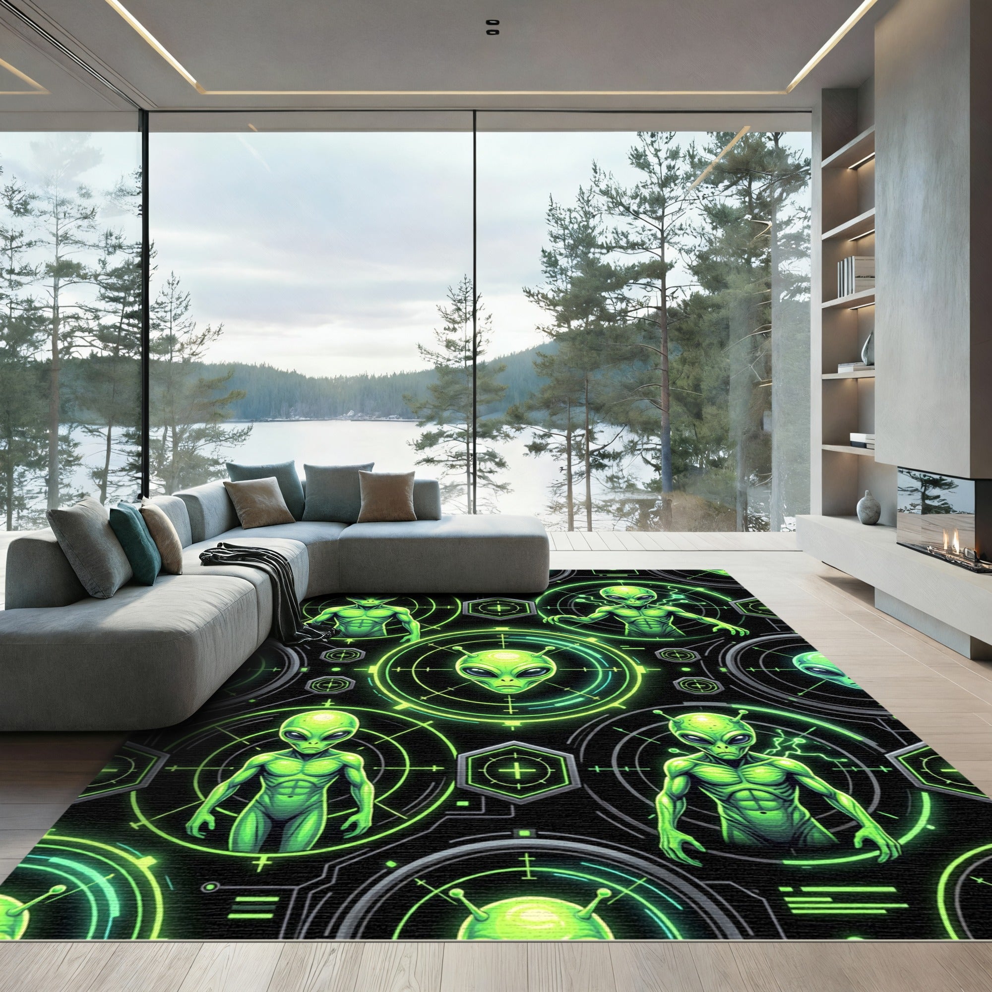 Neon Alien Cyber Heads Graphic Rug