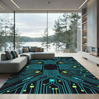 Cyan Circuit Board Geometric Lines Rug