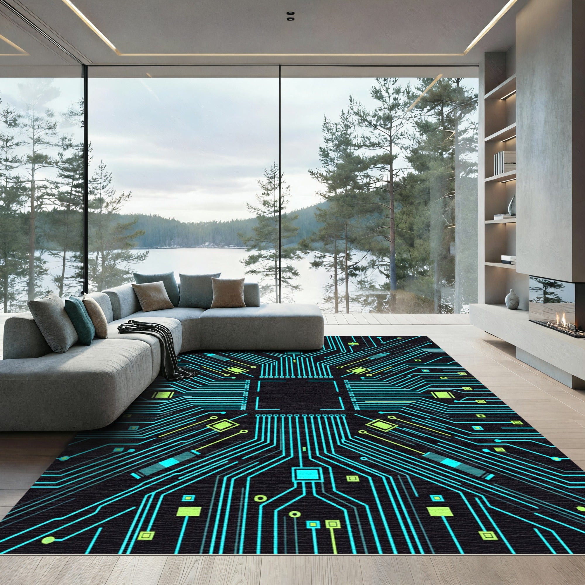 Cyan Circuit Board Geometric Lines Rug
