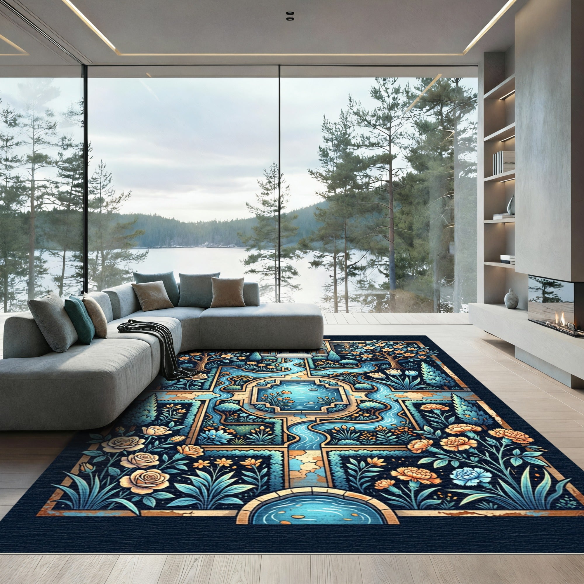 Illuminated Azure Garden Floral Medallion Rug