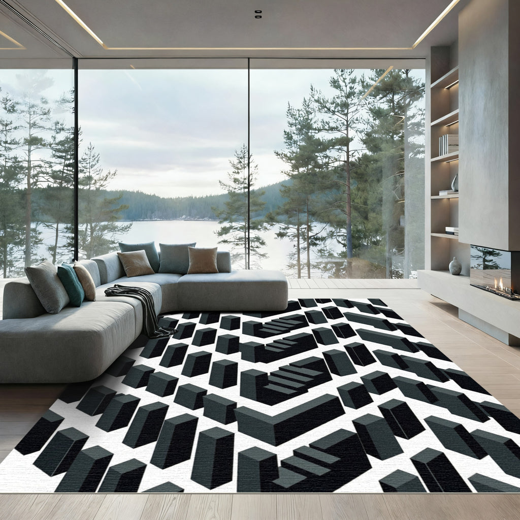 Geometric Dark Gray Cubes and Stairs Rug