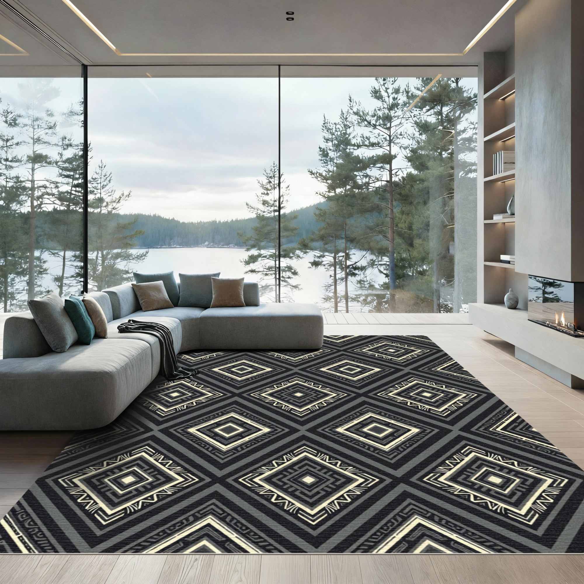 Monochromatic Charcoal Geometric Diamond Medallion Rug