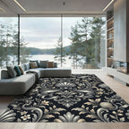 Ornate Black Floral Scroll Ribbon Rug