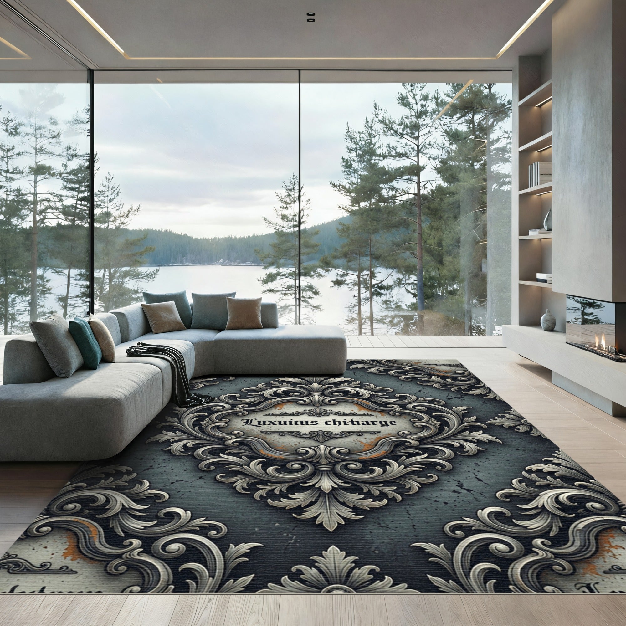 Ornate Silver Scrollwork Grey Damask Rug