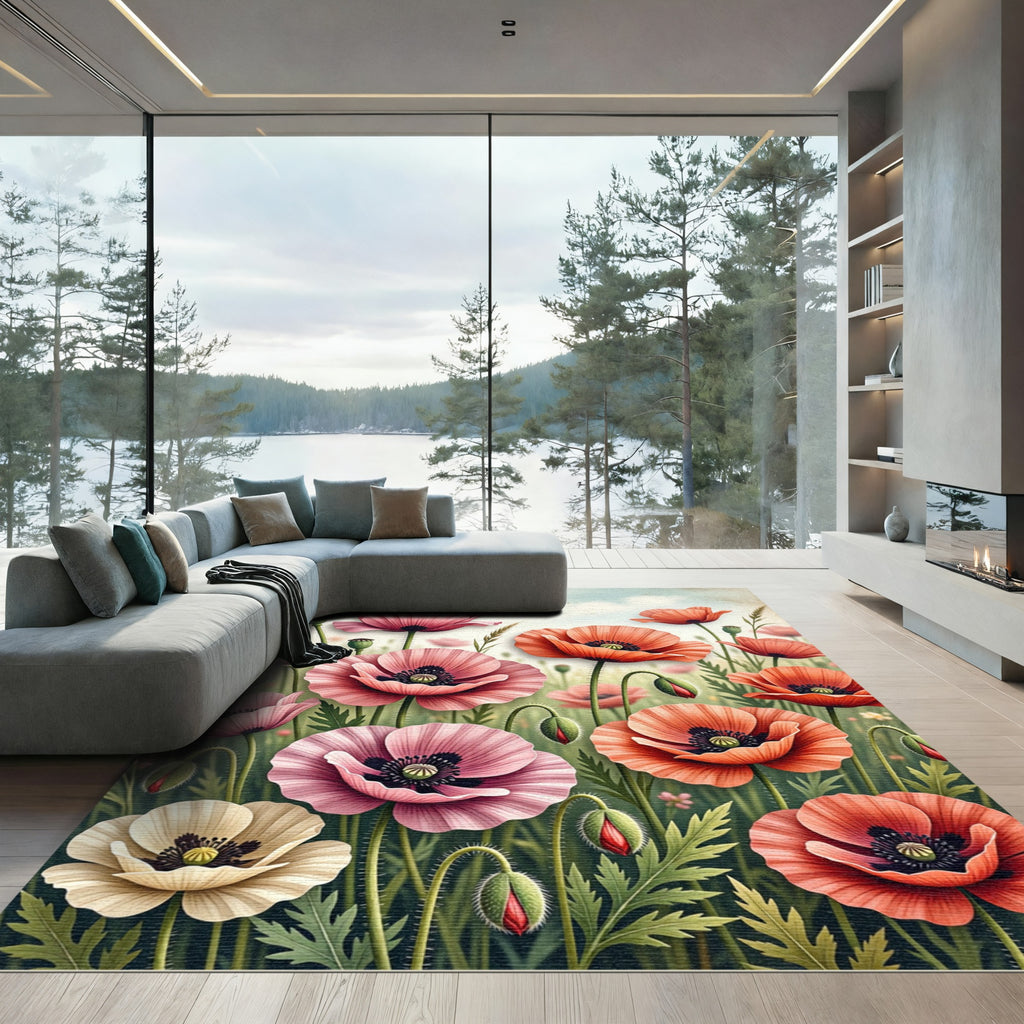 Vibrant Pink and Coral Poppy Garden Rug