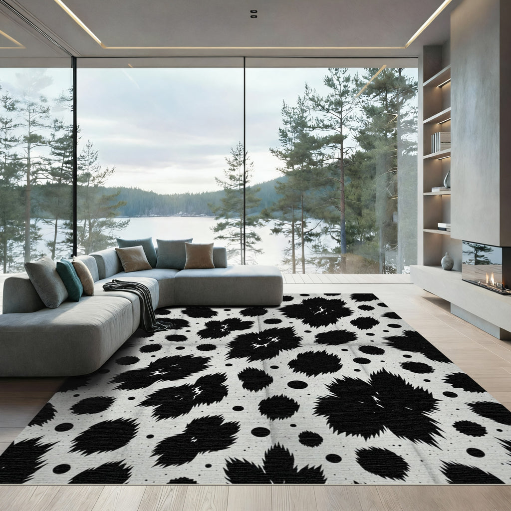 Black White Spotted Fauvism Floral Rug
