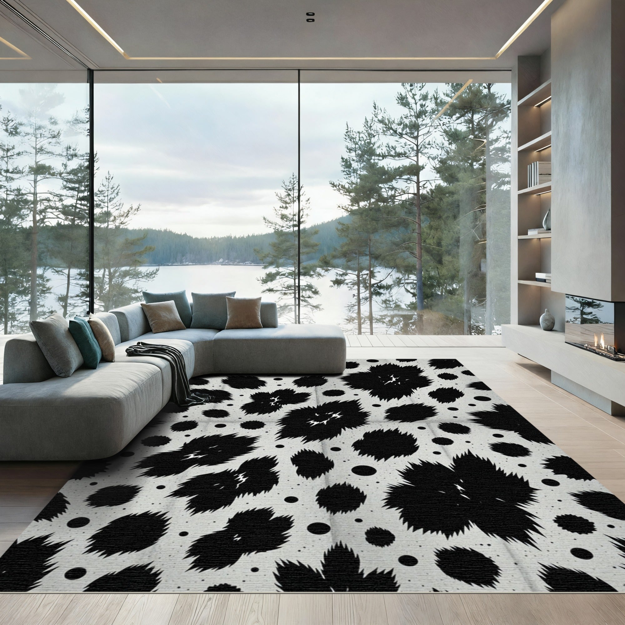 Black White Spotted Fauvism Floral Rug