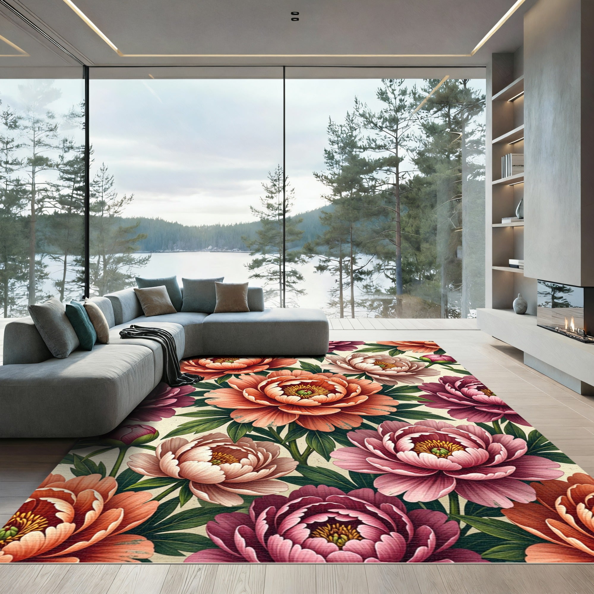 Soft Peony Floral Watercolor Bouquet Rug