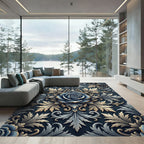 Elegant Navy Blue Rose Damask Scroll Rug