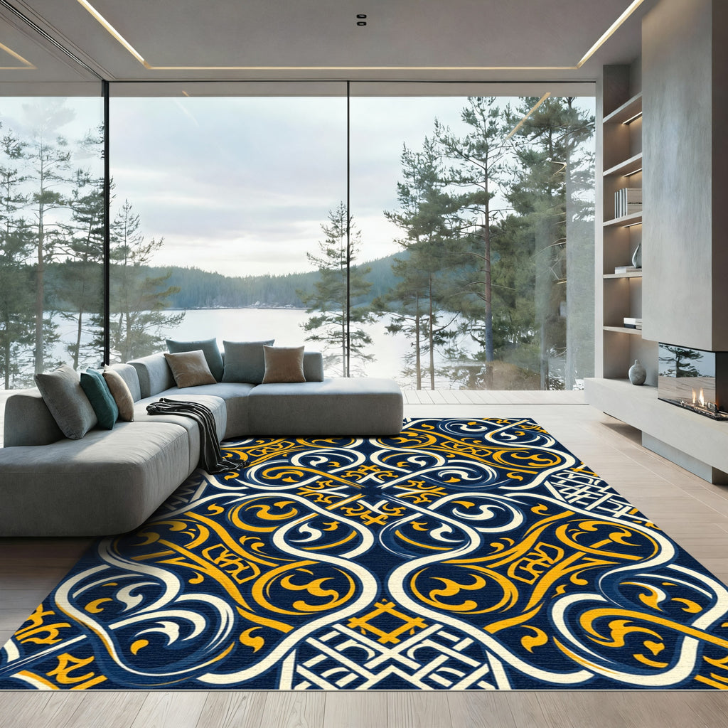 Elegant Navy and Gold Ornate Scroll Rug