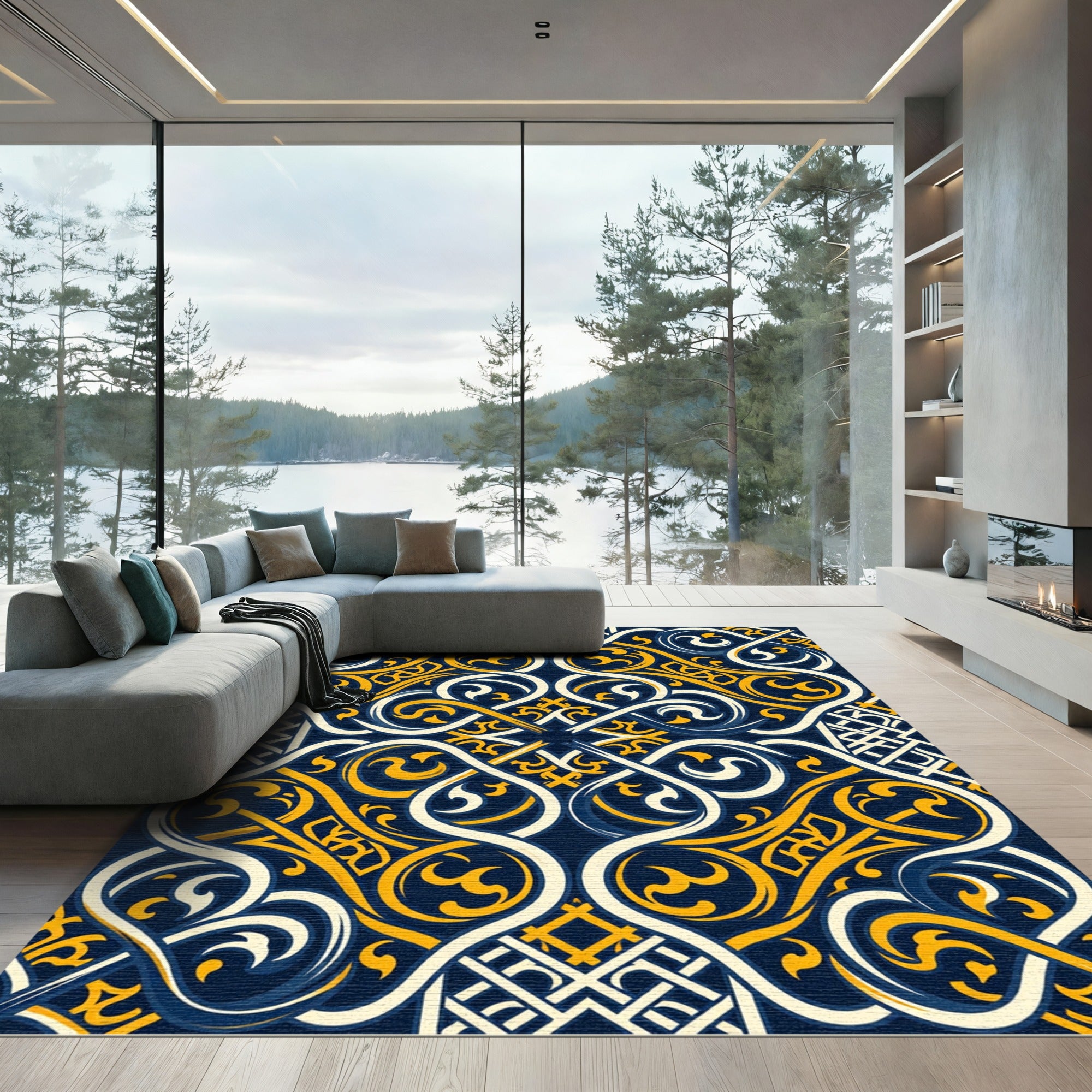 Elegant Navy and Gold Ornate Scroll Rug
