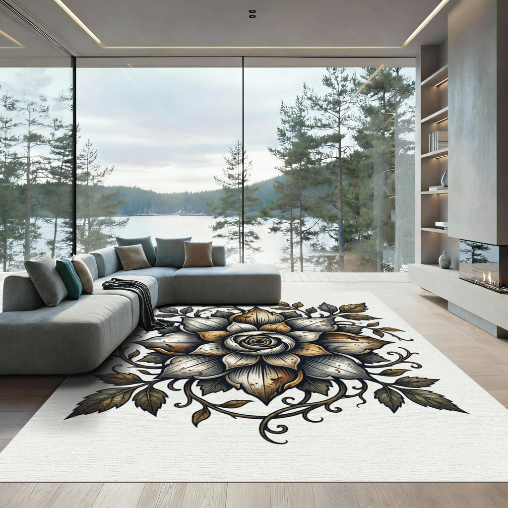Antique Metallic Gold and Silver Rose Rug