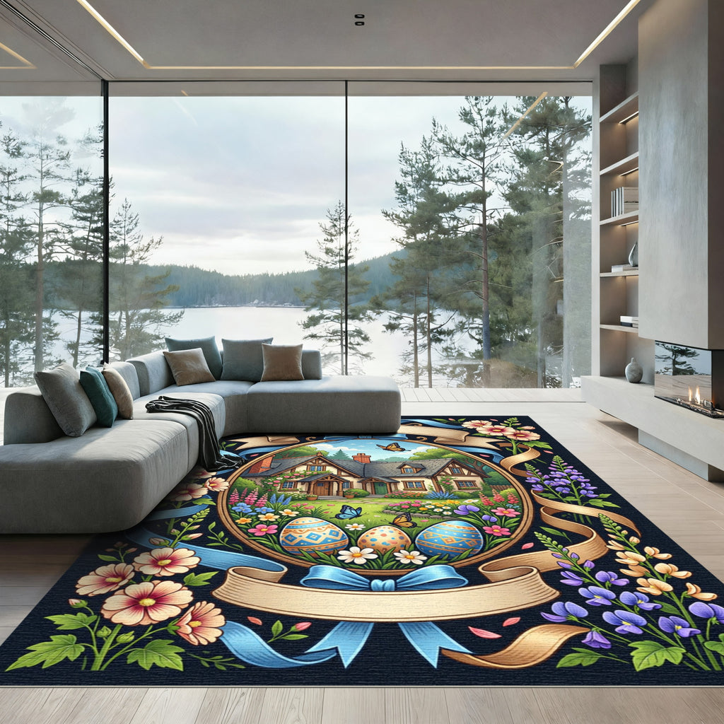 Whimsical Floral Butterfly Easter Meadow Art Rug