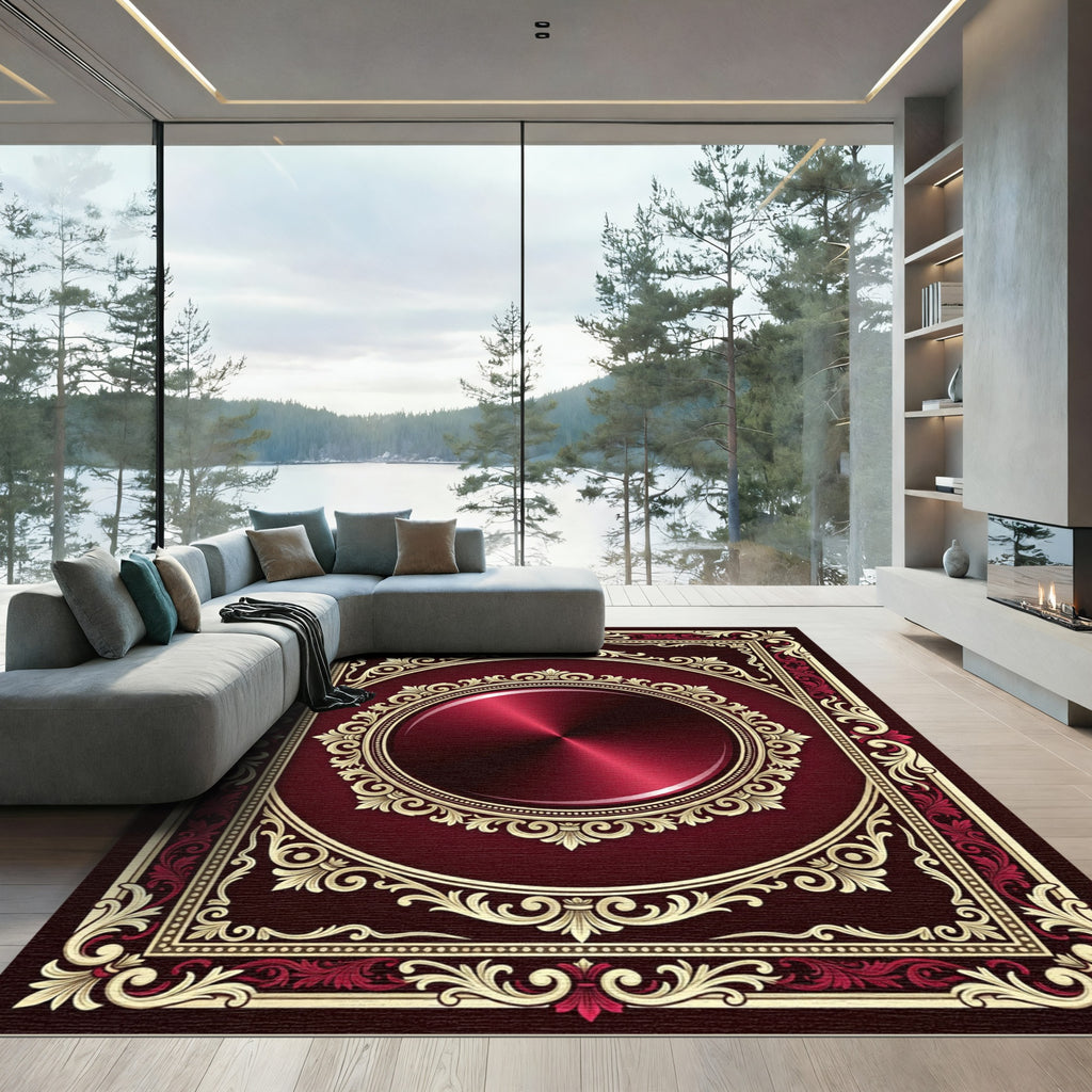 Victorian Red Golden Medallion Frame Rug