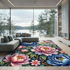 Vibrant Blue and Pink Peony Bloom Rug